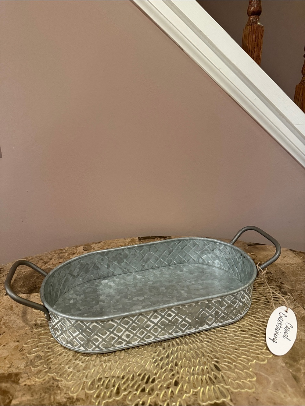 Galvanized Metal Oval Serving Tray with Handles